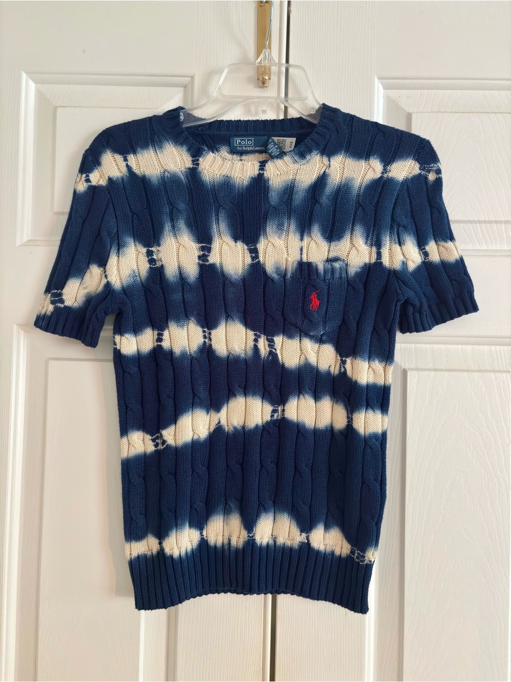 NWT Polo by Ralph Lauren Navy & White Tie-Dye Cable Knit Sweater with Red Pony